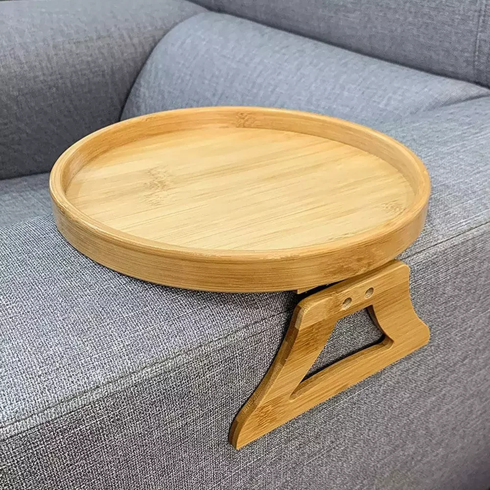 

Tables Woodgrain Sofa Armrest Clip-On Round Tray Foldable For Drinks Cup Bowl Phone Wooden Dessert Tea Holder 10Inches