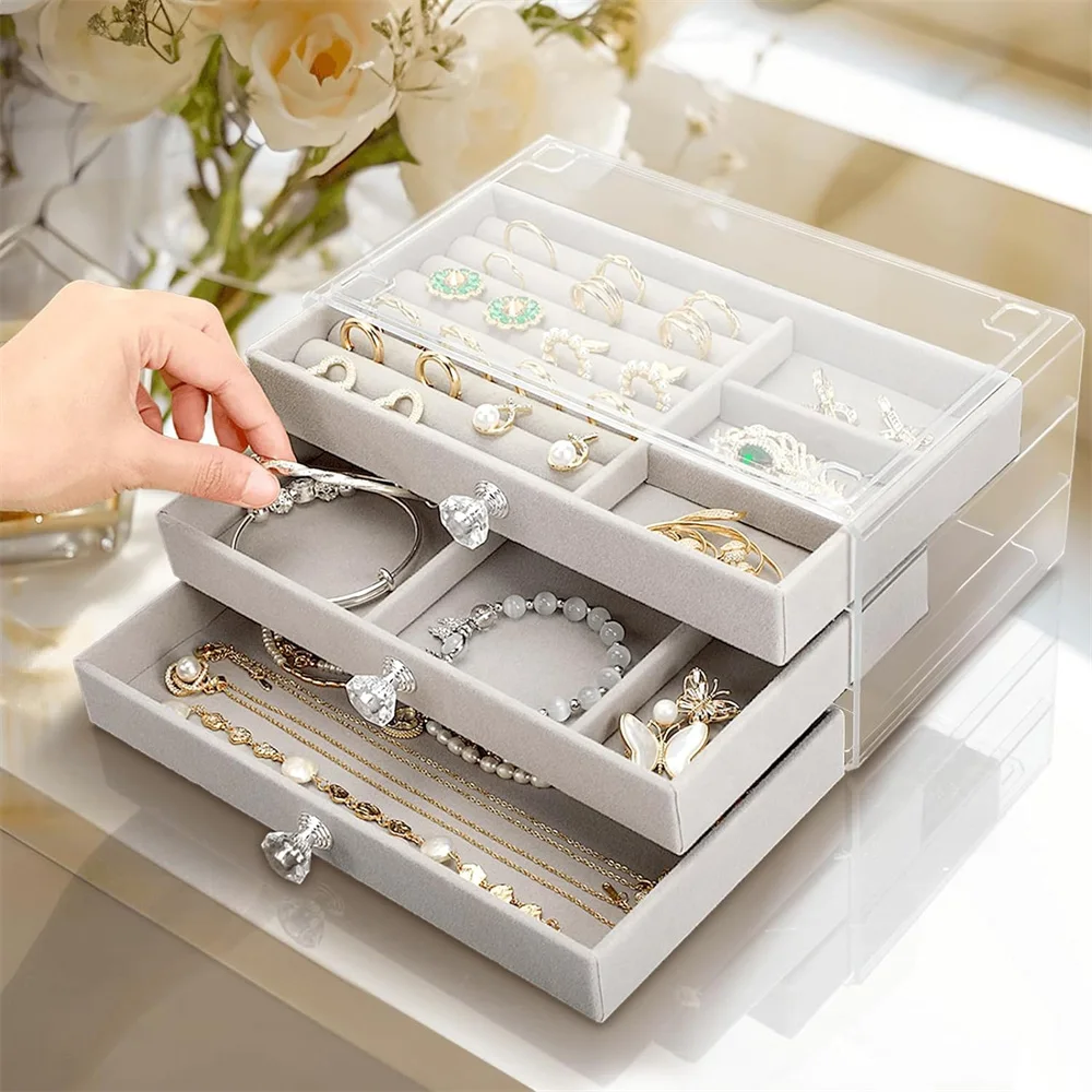 

New Three Layer Flannel Jewelry Storage Box Transparent Drawer Type Earrings Necklaces Ring Categorization Organizer Jewel Box