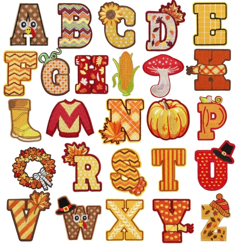 Thanksgiving Theme Embroidery Cloth Sticker 26 English Letter Patch Pumpkin Autumn Harvest Embroidery Sticker