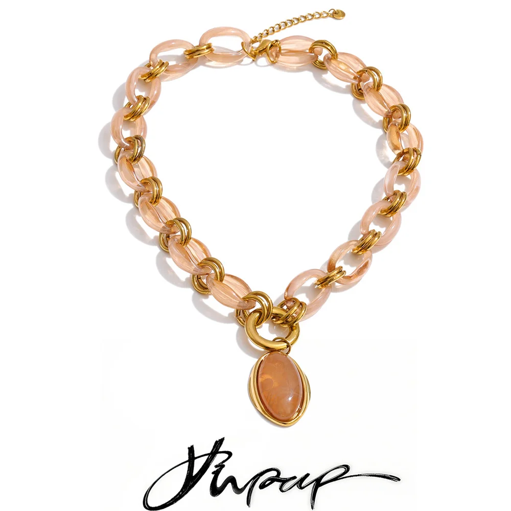 Yhpup Harz-Acryl-handgefertigte Kette, ovaler Anhänger, modische Statement-Halskette, 18 Karat golden, PVD-beschichtet, trendiger wasserdichter Schmuck, Geschenk