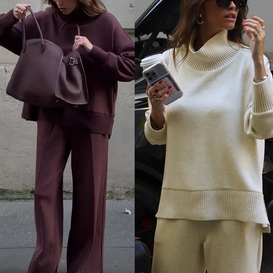 

Elegant Knitted Sweater Trousers Set Women's Zipper High Neck Long Sleeve Top Wide Legs Trousers 2-Piece Autumn Casual Loose Set