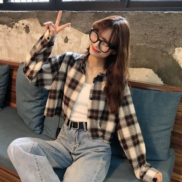 Women Cropped Shirts Plaid Preppy Style Loose Turn Down Collar Top Spring Korean Fashion Single Breasted Outwear Sunscreen Shirt