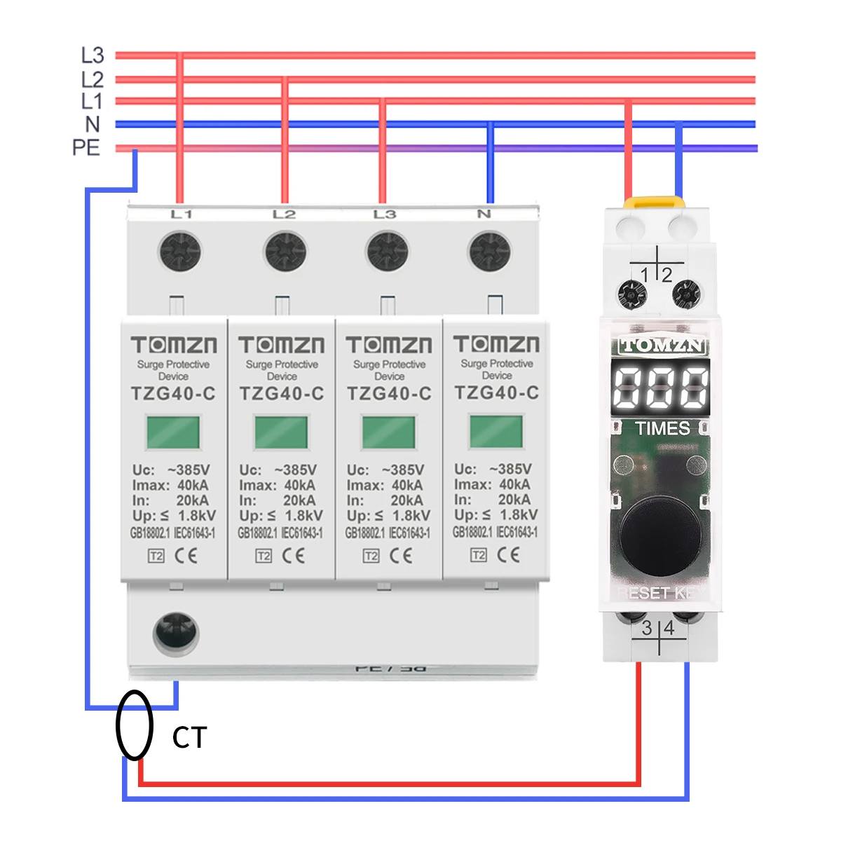 Din Rail LED display SPD surge protective device lightning strike counter 220V 50/60Hz 0-999 times TO-LSC TOMZN