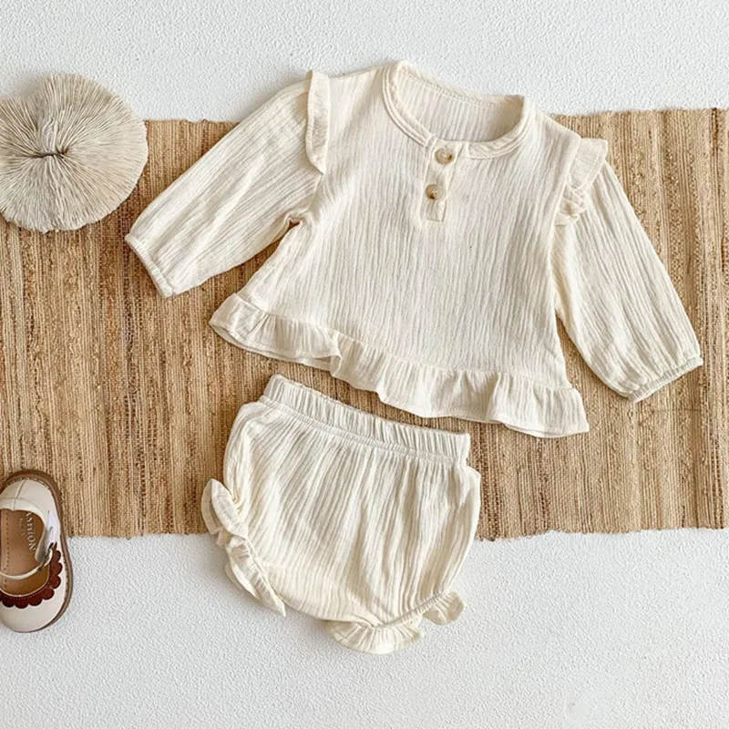 Baby Girls Clothes Sets Long Sleeve Outfits Newborn Muslin Cotton Shirt Tops+Shorts Suits Clothes 2PC 0-3T