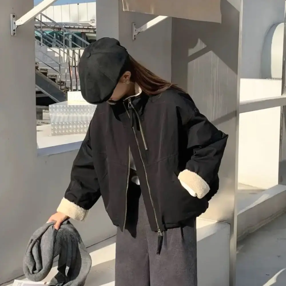 Womens Short Parka Coat Winter Lamb Wool Lining Thick Warm Loose Fit Casual Stand Collar Fashion Zipper Jacket