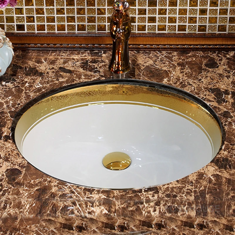 Round Ceramic Bathroom Sinks Gold Undercounter Basin Embedded Washing Sinks oilet Hand Basin Bathroom fixtures