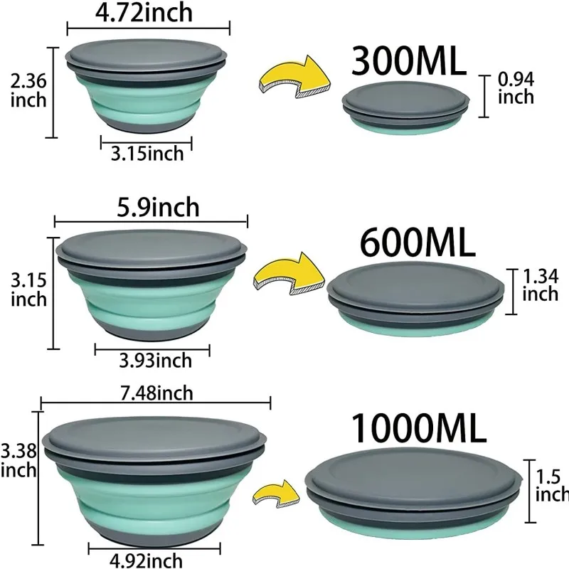 3 PCS/Set Camping Bowl Foldable Silicone Collapsible Bowl Lunch Box Salad Bowl Lid Expandable Food Storage Free shipping