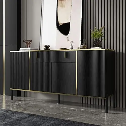 

Modern Credenza Sideboard Buffet with Drawer & Pop-Up Doors, Buffet Sideboard Storage Cabinet with Black Metal Legs, for Living