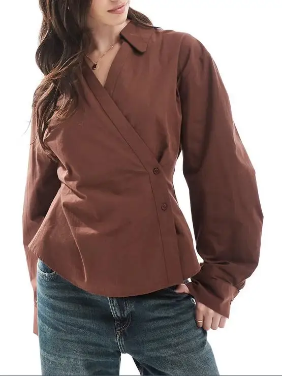 GuliriFei Damen-Hemden mit Knöpfen, modisch, langärmelig, Reverskragen, kariert, einfarbig, lässige Oberteile