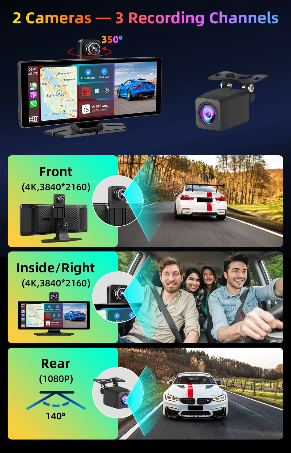 JMCQ 10.26 Inch 350°Rotating Front Camera Dash Camera 4K 3840*2160P Car DVR Wireless Carplay & Android Auto WiFi Bluetooth DVR