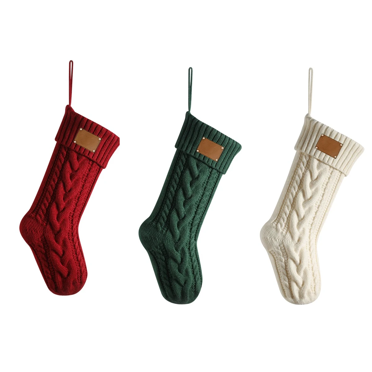 

5Pack Knitted Christmas Stocking with Engrave Blank Leather Label 18 inch Large Xmas Christmas Socks Stockings for Engraved Name