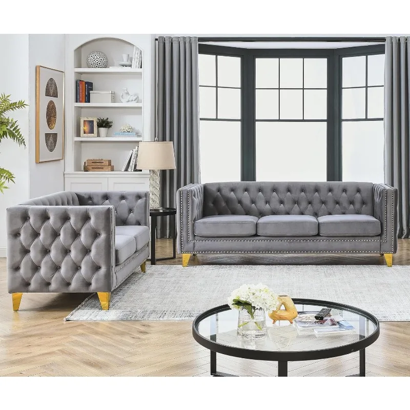 Velvet Living Room Sofa Set of 2, Comfy Loveseat and 3 Seater Couch, Modern Sofa with Tufted Back and Rivet Decoration