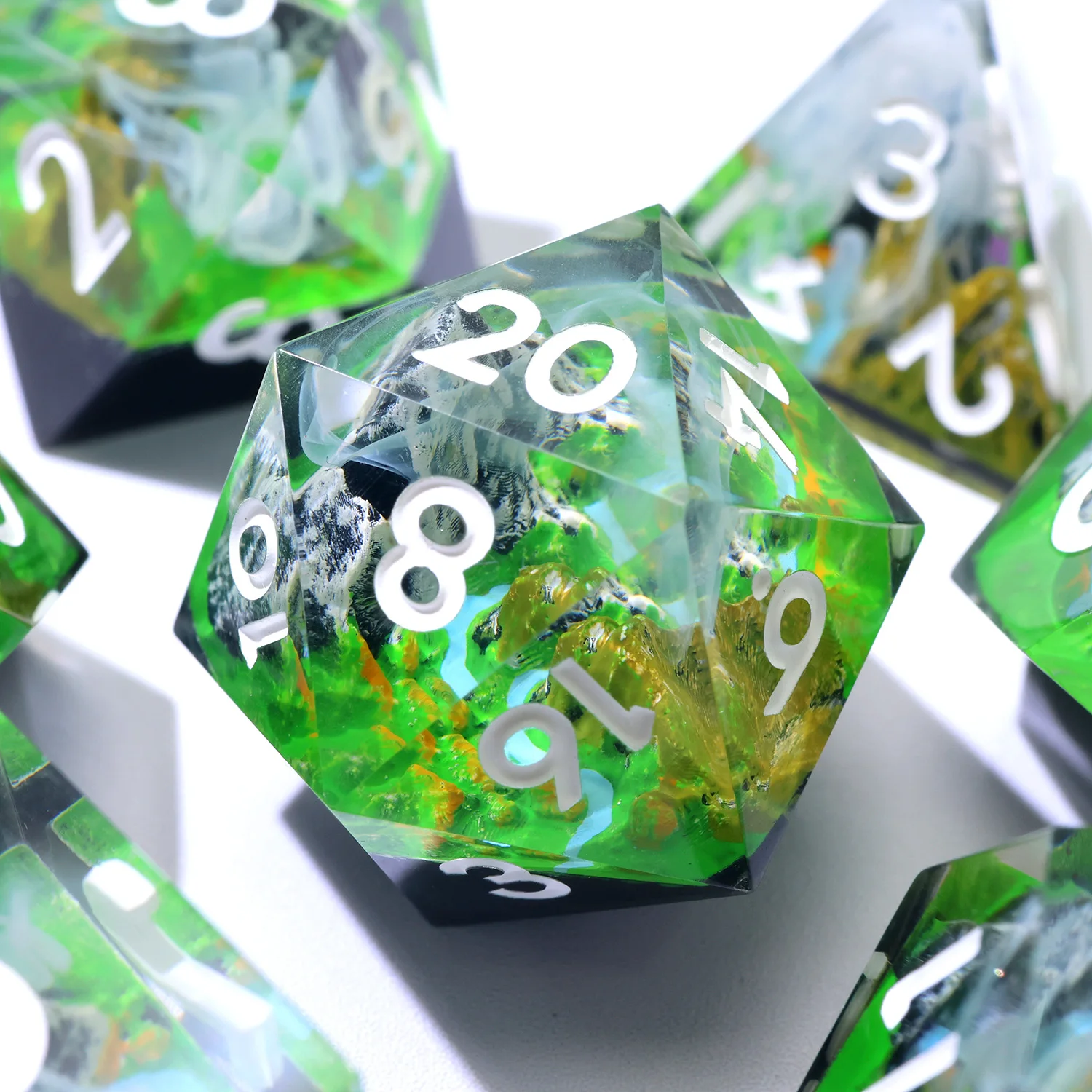 

Dragon's View RPG Dice-Handmade Mountain Panorama Resin Polyhedral DND Dice Set for Role Playing Table Game-M Green