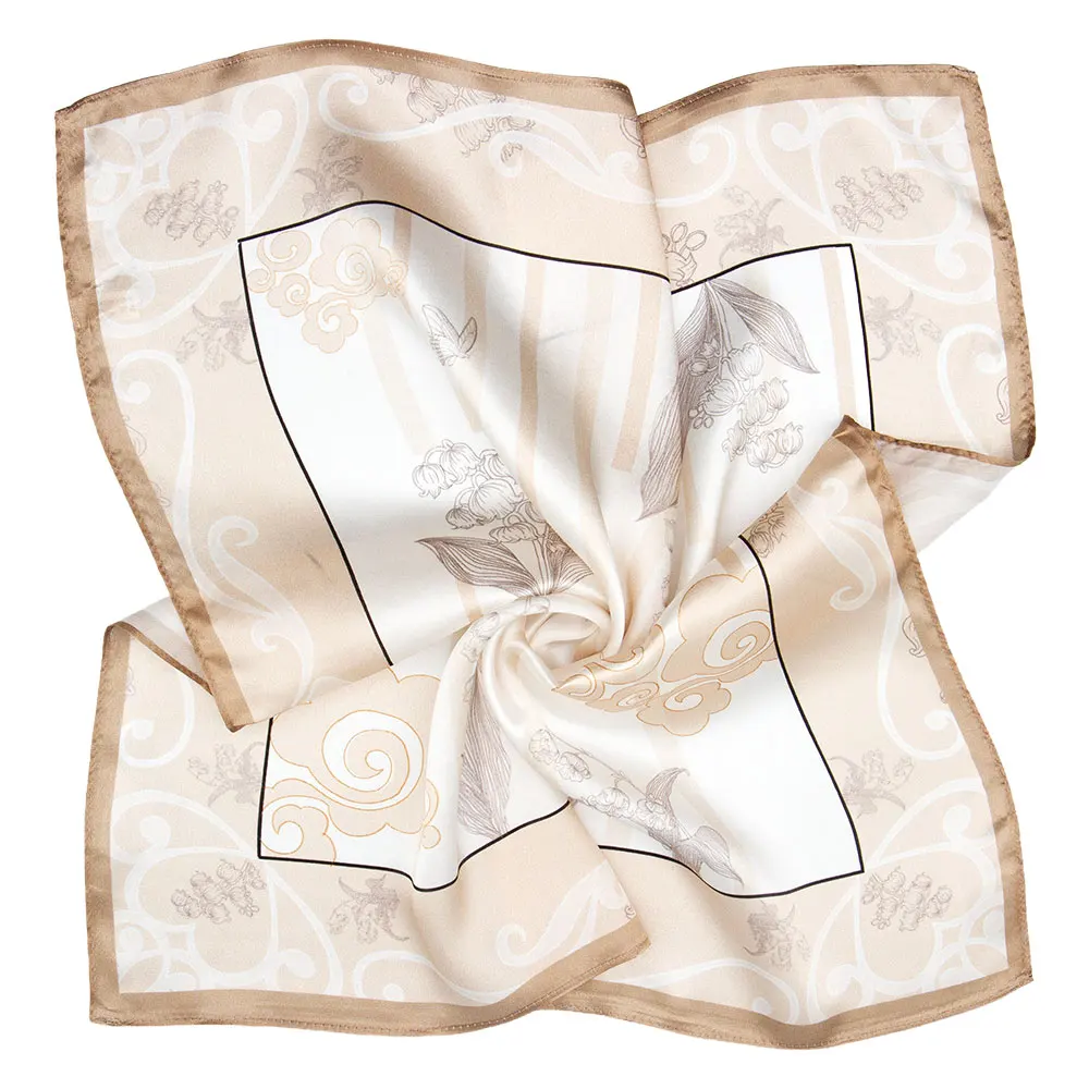 53cm 100% Natural Pure Silk Hair Scarf for Women Square Vintage Lily of the Valley Butterfly Print Neckerchief Luxury Bandana