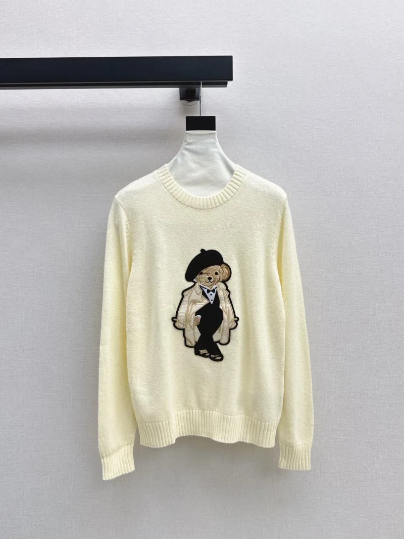 2024 Autumn/Winter New Women's Sweater 2-Color Casual Warm Cotton Coat Beret Coat Cartoon Bear Pattern Round Neck Pullover