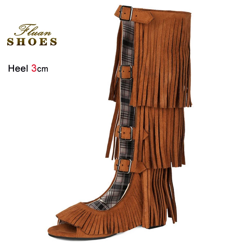 

Летние коричневые женские ботинки с бахромой, на толстом каблуке 3 см, высокие до колена, с пряжкой и ремешком, на молнии сзади, с открытым носком, CD