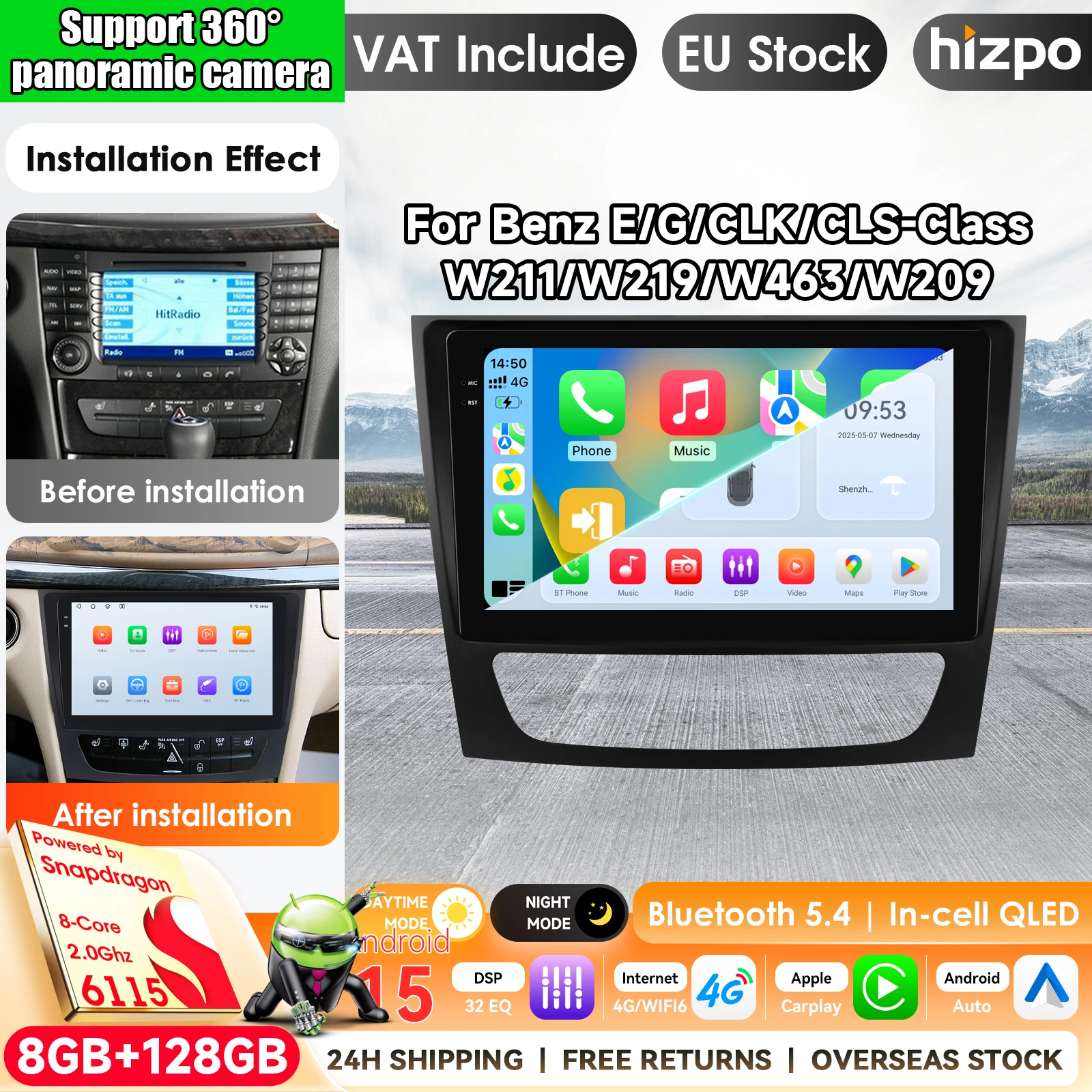 Hizpo Autoradio 2 Din 9" con Carplay per Mercedes-Benz Classe E W211 GLS W219 W209 W463 Android 15 Lettore Multimediale GPS RDS FM BT 4G LTE Stereo 2Din Autoradio Navigazione GPS Sistemi Intelligenti