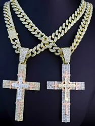 Hip Hop Punk Style 14K Gold Plated Cuban Chain Style Chunky Chain Tri-Color Cross Necklace