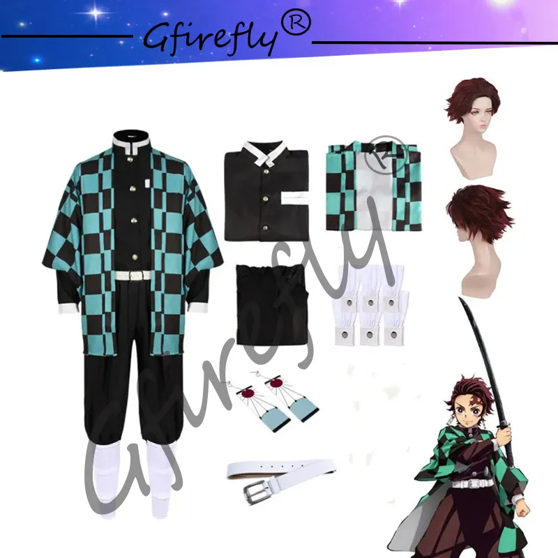 Kamado Tanjirou Fantasias de Cosplay, Katana Espada Adereços, Anime Roupas, Eardrop, Uniforme
