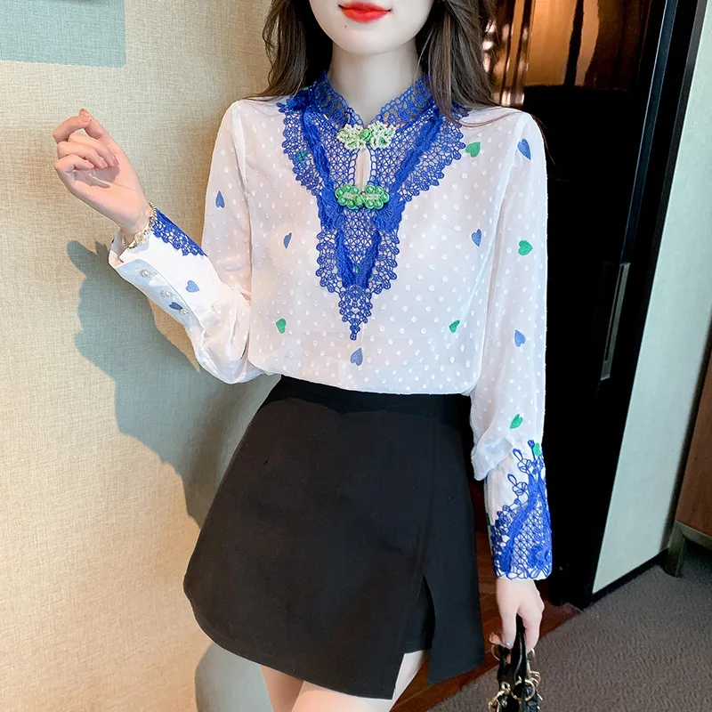 

2024 Chinese Style Popular Stand Collar Shirt Women's Clothing Embroidered Flower Stitching Women Fashion Shirt Chiffon Shirts