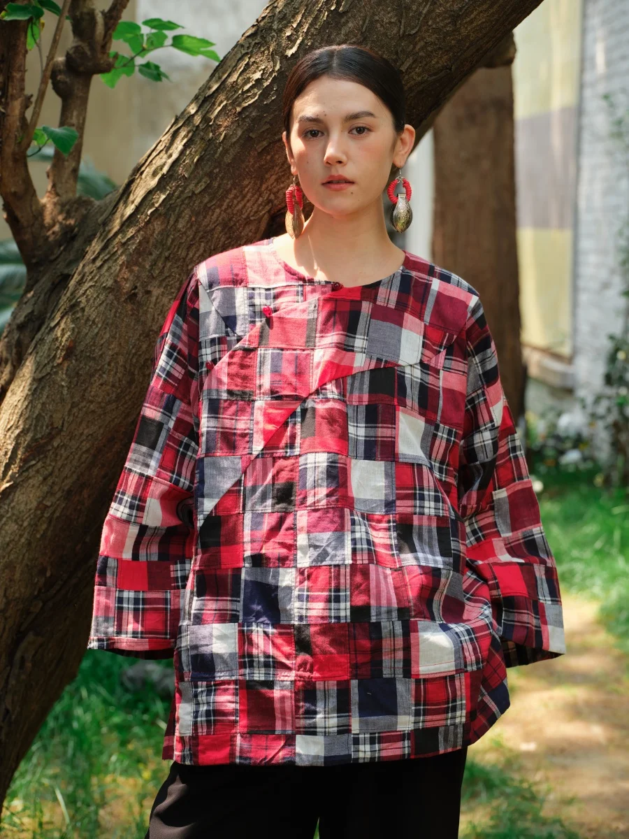 

Handmade Red Chinese Sle Women's Long Sve Loose Fit Tang Suit Jaet Traditional Hand-Pieced Top Zen Tea Costume