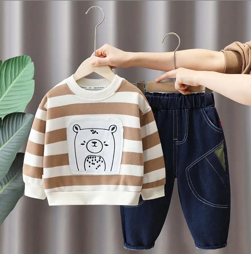 Korean Style Baby Boys Clothes Luxury Designer Outfits 2024 New Striped Embroidered Bear Hoodies+Pants Toddler Children Suits