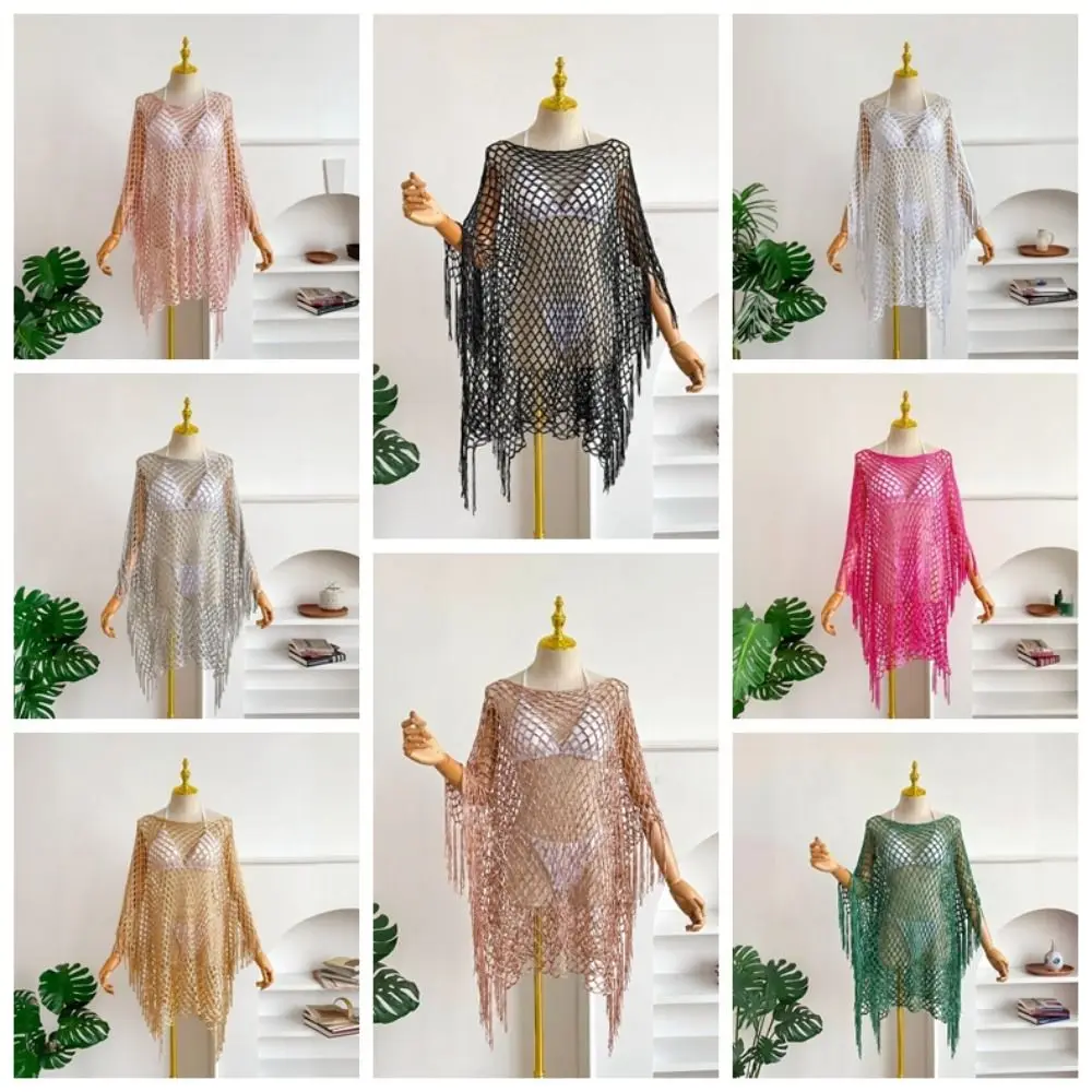 Solid Color Tassel Sunscreen Cover-up Crochet Plus Size Knit Hollow Out Top Casual Loose Fit Fishnet Swimsuit Cover Up Vacation view 5