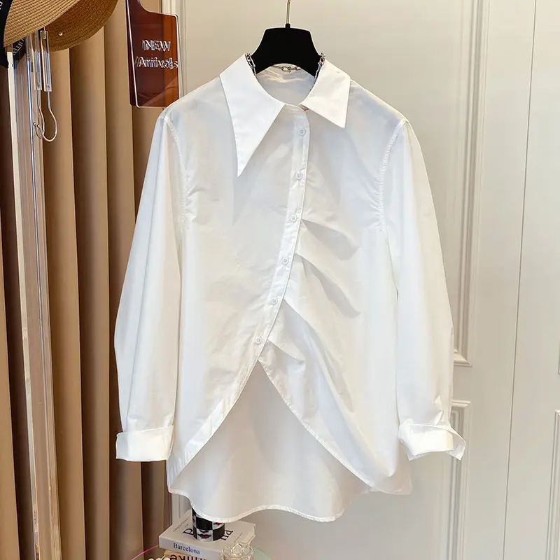

Chic Design Niche Loose French Pointed Collar Asymmetric White Shirt Women's Spring Autumn Long-sleeved High-end Top
