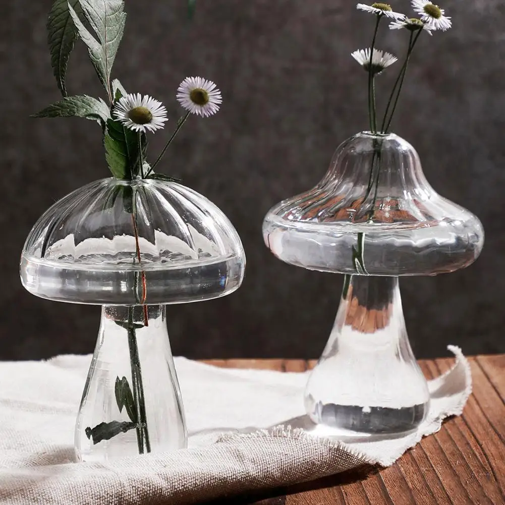 Glass Mushroom Vase Clear Small Bud Flower Vase Cute Mushroom Propagation Stations for Home Room Kitchen Windowsill Decoration