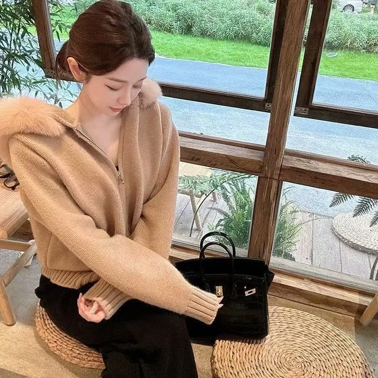 Women Knitted Cardigan Sweaters Solid Jumper Hooded Zipper Long Sleeve Loose Fit Thick Slight Stretch Elegant Casual 2025 Autumn