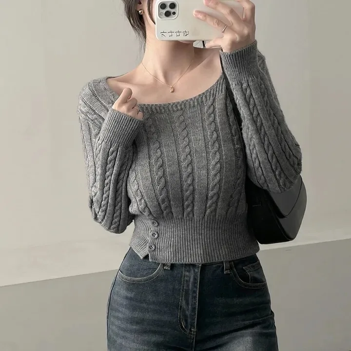 Women's Knitted Thiened Casual Sweater Autumn Winter Korean Sle Square Collar Pure Color Base Top Button Single Row