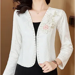 #5318 Beige Kimono Jacket Women Cardigan Short Vintage Coat Ladies Slim Patchwork Flower Pearls Thin Retro Embroidery Outerwear
