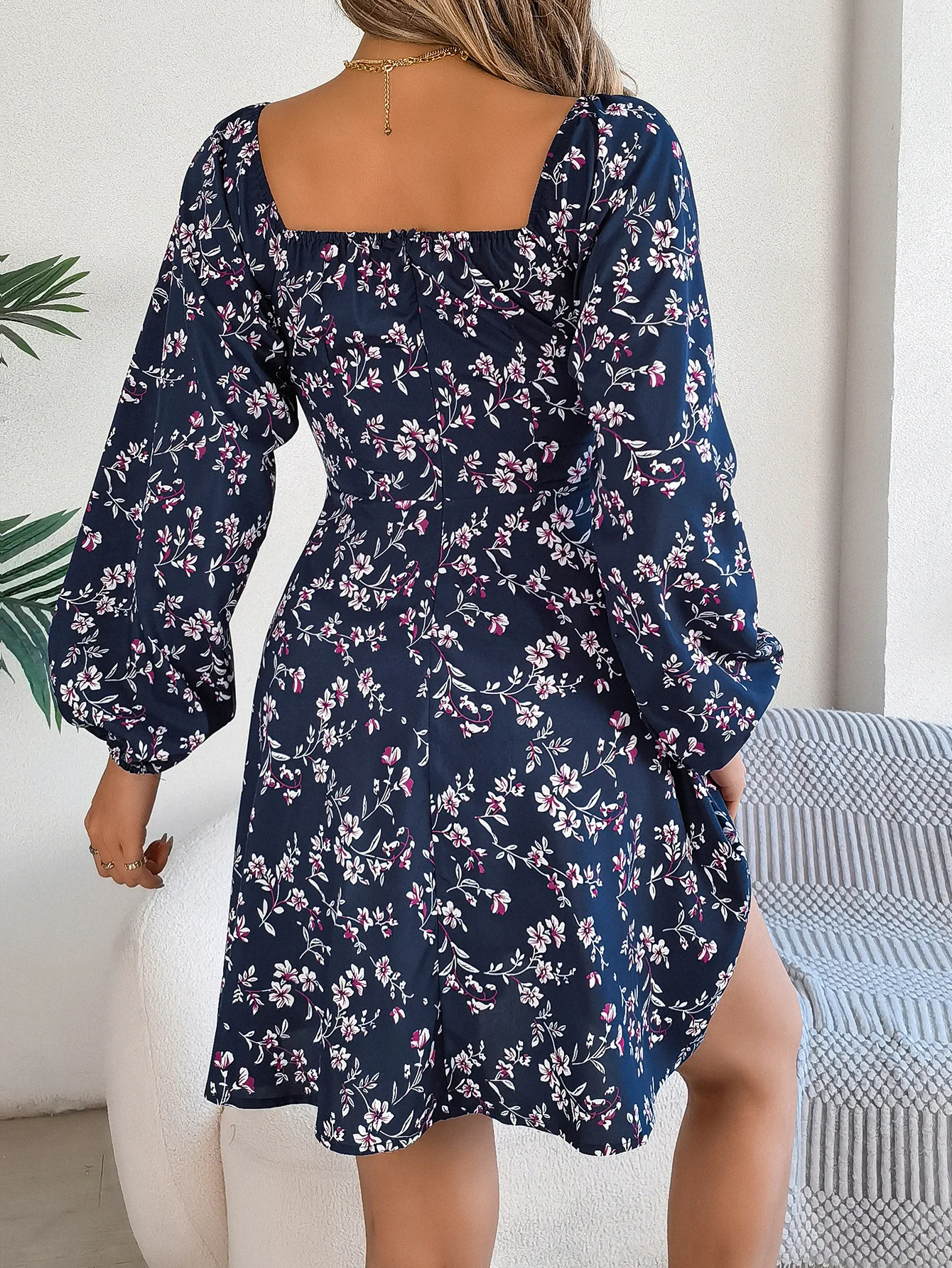 Vestido sexy floral con cuello cuadrado y lazo en la parte delantera para mujer - Vestido casual de primavera y otoño con dobladillo con volantes y manga larga