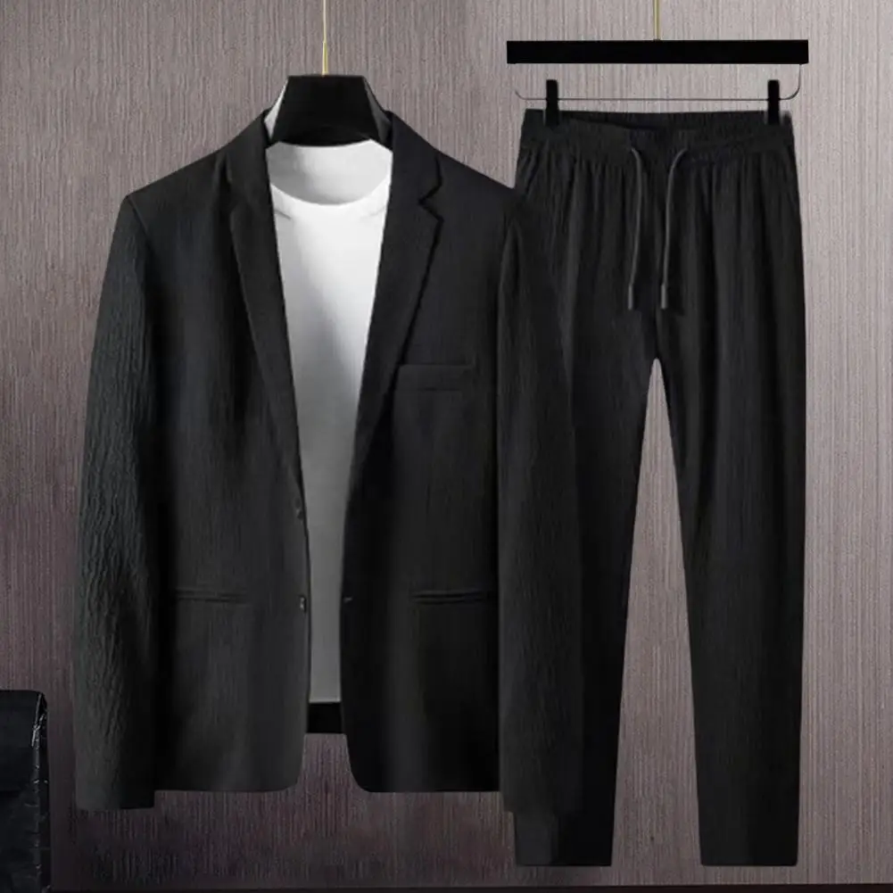 Men Two-piece Suit Striped Pleated Men Blazer Pants Set Pleated Drawstring Loose Lapel Pockets Thin Formal Business Men Set