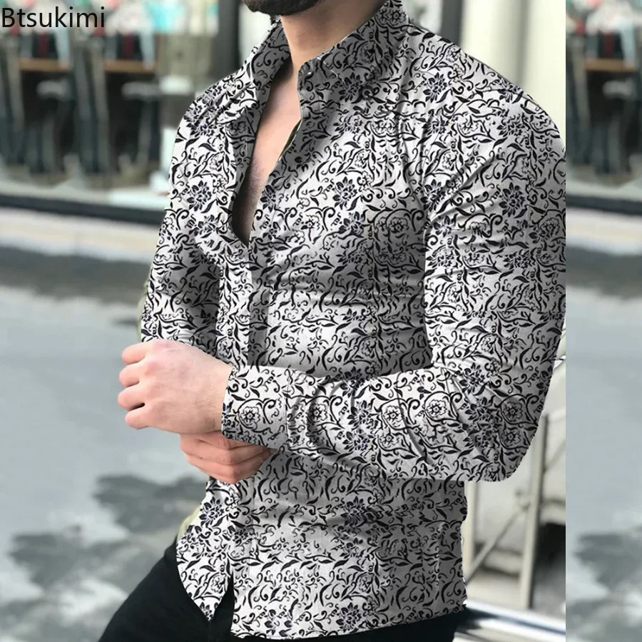 2025 Men's Casual Long Sleeve Shirt Floral Print Male Blouse Shirts Spring Autumn Shirts for Men Top Clothes Camisa Masculina