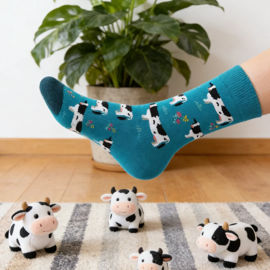 

1 Pair of Cartoon Farm Cow Mid-Calf Socks, Soft and Adorable, Perfect for Year-Round Wear