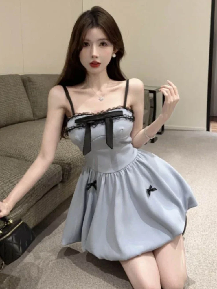 Summer Korean y2k Sweet 2 Piece Set Women Fashion Black Cardigan + Bow Lace Suspender Dress Female Chic Sweet Dress Suits