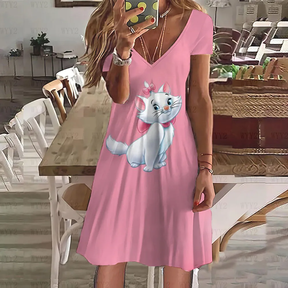 Moda e elegante disney marie gato impressão simples solto e confortável novo verão feminino com decote em v vestido de manga curta