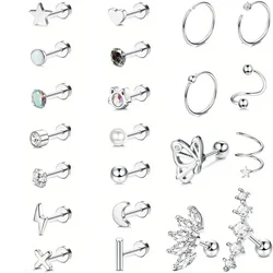 Drperfect Stainless Steel 20G Earrings for Women CZ Opal Butterfly Stud Earrings Tiny Screw Back Cartilage Hoop Piercing Jewelry