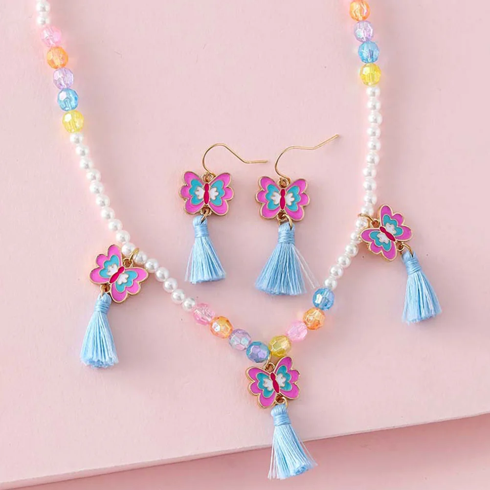 

Butterfly Earring Necklace Set Butterflies Tassel Pendant with for Girl Luminous Charm Round Bead Kids Earrings Alloy Child and