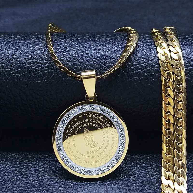 Men's Bible Verse Prayer God Faith Necklace Stainless Steel Gold Color Christian Praying Hands Medal Pendant Necklaces Jewelry