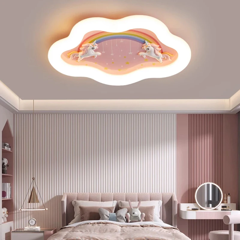 Children Pink Cloud Chandelier Lights Rainbow Design Resin Horse Kids Room Ceiling Lamps Girl Baby Child Bedroom Indoor Fixtures