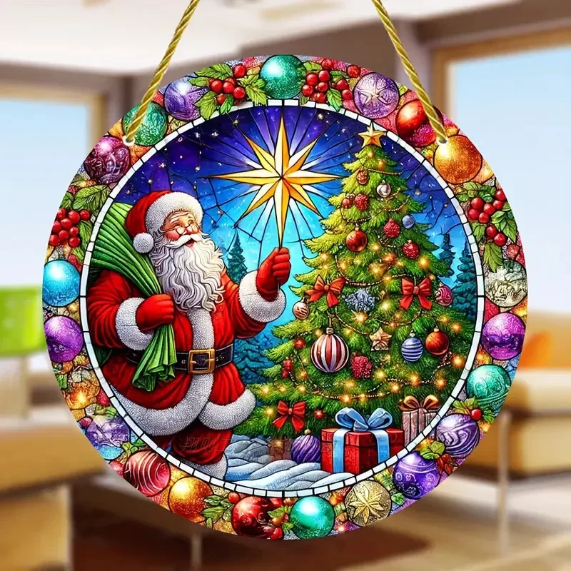 Weihnachtsmann-Scheibe aus Acryl mit Buntglas – perfekte Fensterdekoration für Wohnzimmer, Schlafzimmer und Außenräume
