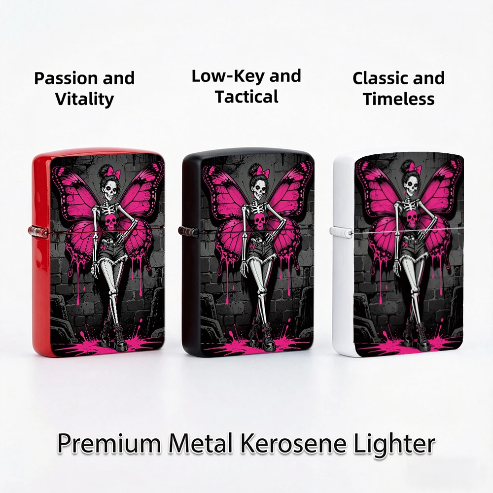 Vintage Flip Top Lighter lighters vintage Pink Butterfly Wing Skeleton Girl Gothic Graffiti Brick Wall lighters for smokers