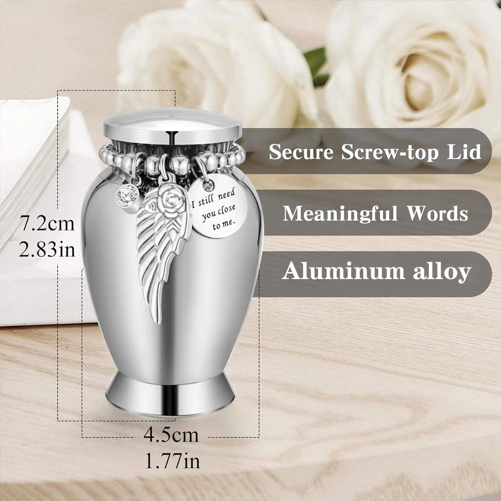 Small Keepsake Urns for Memorial Human Ashes 2.83 Inch with Wing Charm Mini Cremation Urns Aluminum alloy