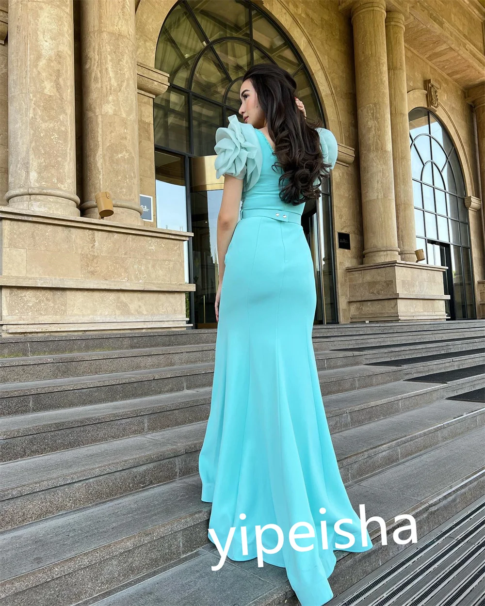 Customized Exquisite Matching V-neck Mermaid Floor Length Evening Dress Formal Ocassion Gown Flower Satin vestido de festa mulhe