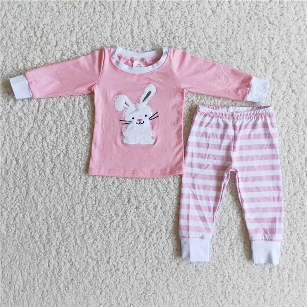 6 B8-25 girl easter pink bunny rabbit emboridery winter long sleeve set pajamas