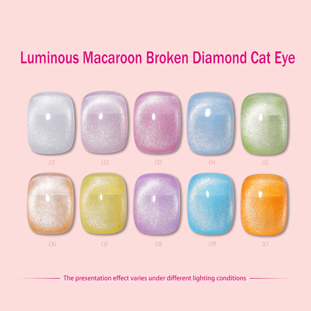 Vendeeni 10 kleuren lichtgevende gebroken diamant Cat Eye gel nagellak UV LED glitter Macaron magnetische nagellak TPO / HEMA GRATIS