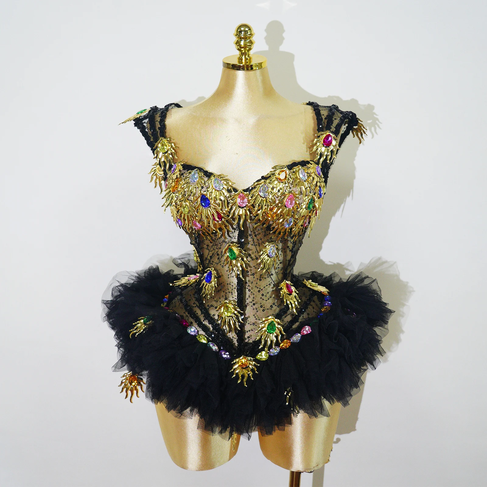 Mini-jupe Tutu Sexy Strass Dorés Costume de Scène Luxe Chanteuse Danseuse Tenue Spectacle Gogo Original Drag Queen Brillant