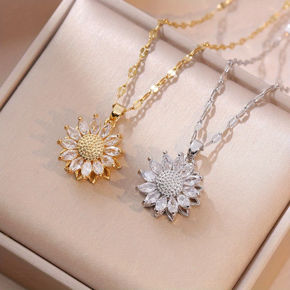 Exquisite 360° Rotatable Decompression Sunflower Zircon Pendant Necklace, Birthday Christmas Gift Jewelry Accessories for Family